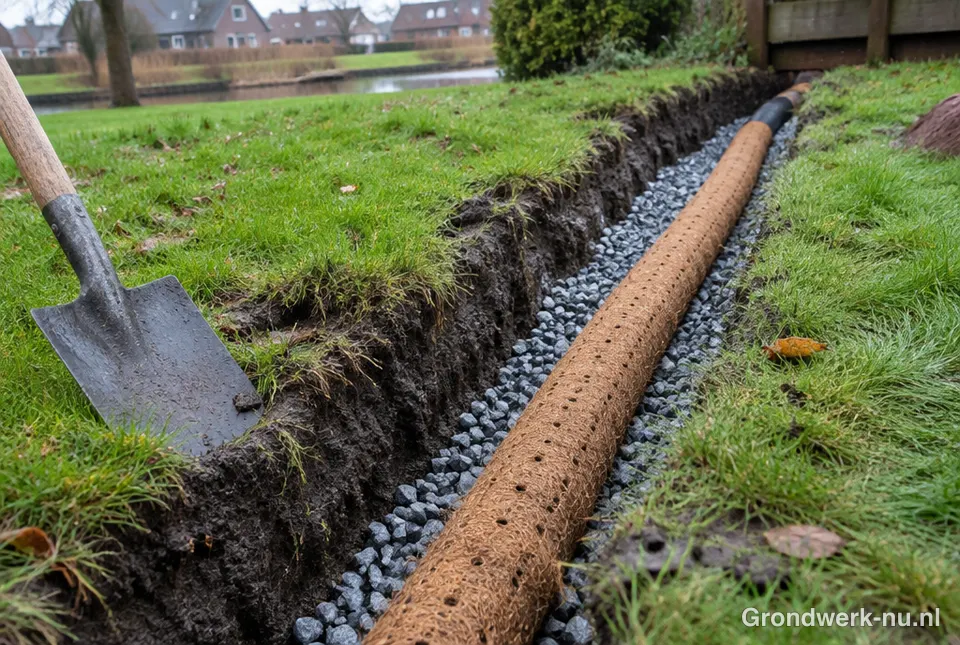 Drainagebuis met kokos in een sleuf in de tuin