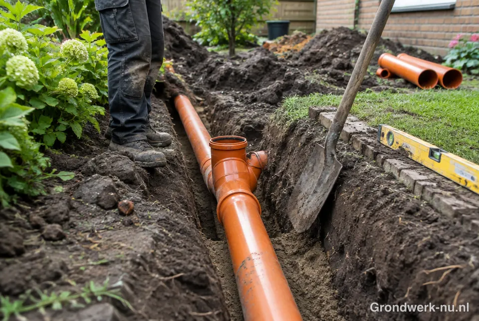 Nieuwe rioleringsbuizen in een gegraven sleuf